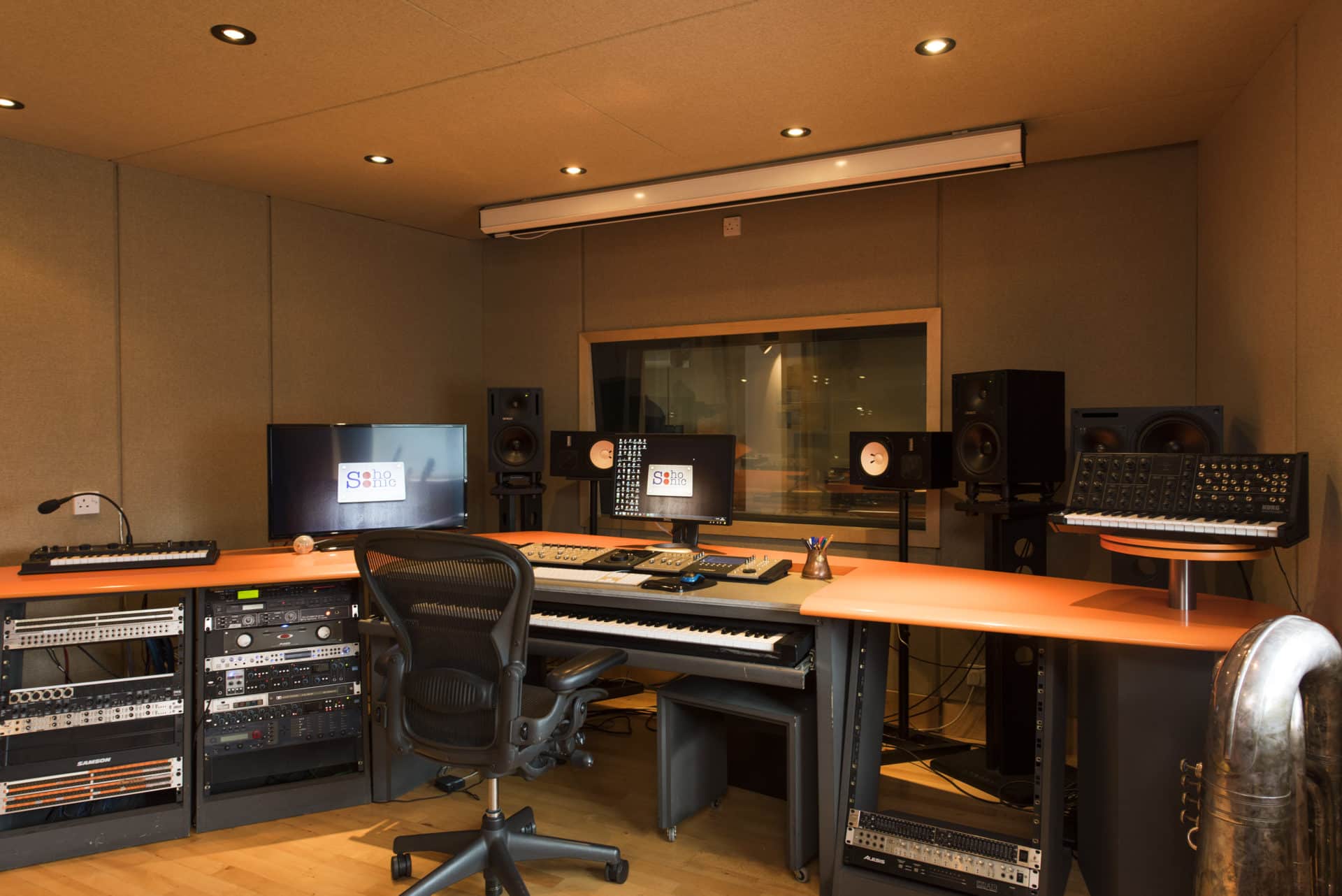 Professional recording studio control room at Soho Sonic, Great Titchfield Street London